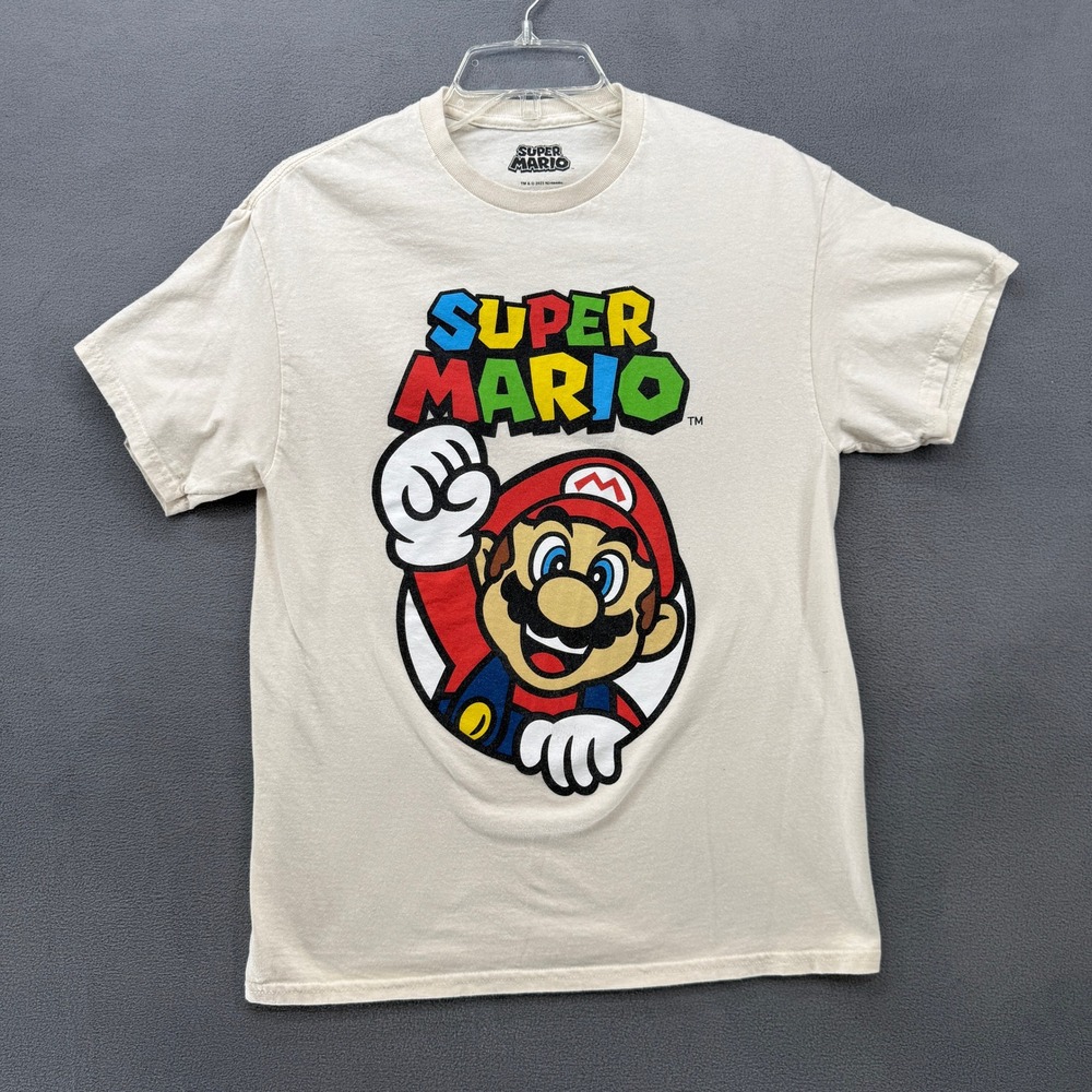 Nintendo Super Mario Graphic T-Shirt Adult Medium Cream Cotton Short Sleeve Tee